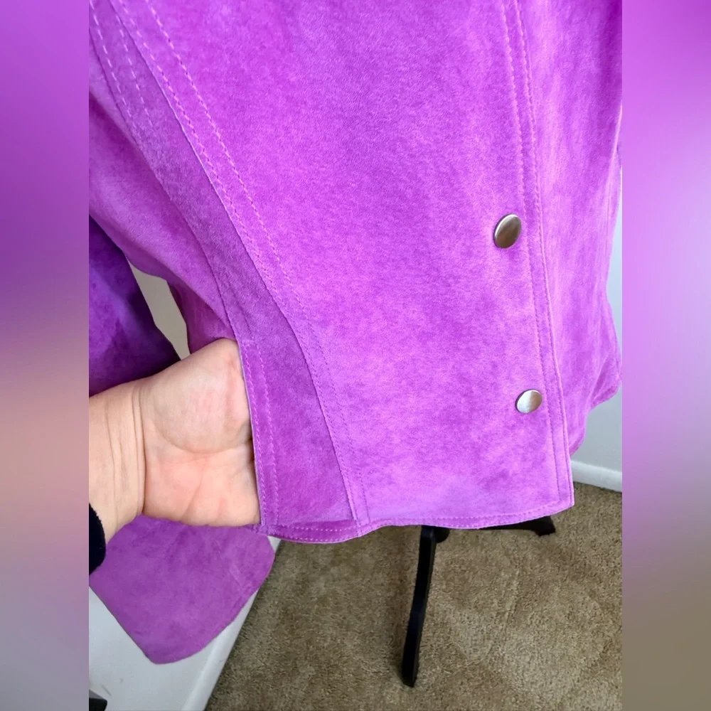 Vintage Anne Klein pink purple suede moto jacket snap close collar pockets 14 EC - Picture 3 of 10